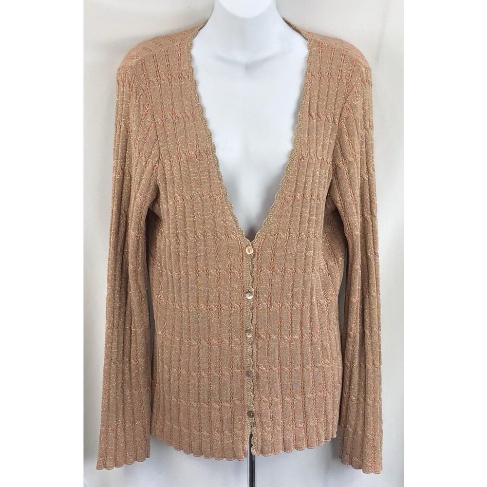 Silk Knit Cardigan Sweater L Peach Gold Glitter Sparkle Crochet Grunge academia
